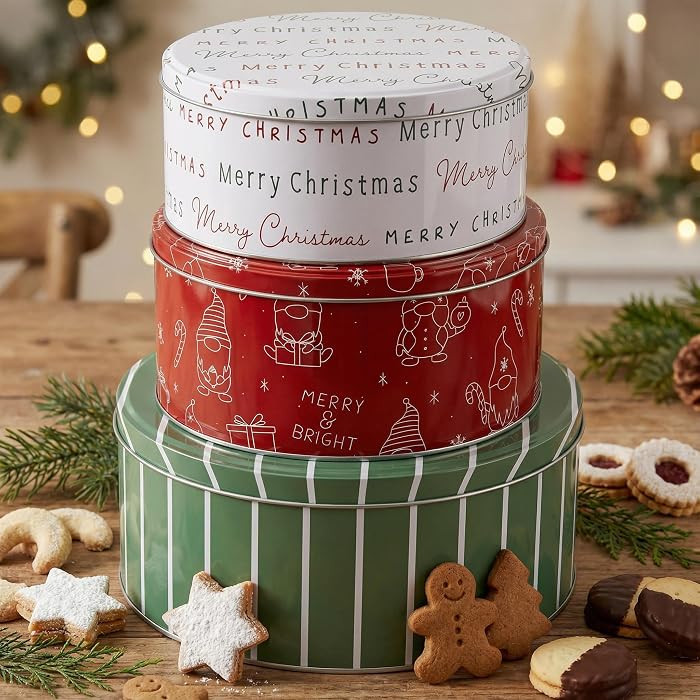 KIBAGA Beautiful Christmas Cookie Tins Set of 3 - Cute Containers with Lids | Amazon (US)