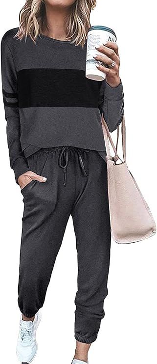 PRETTYGARDEN Women's Color Block 2 Piece Tracksuit Crewneck Long Sleeve Tops Long Sweatpants Outf... | Amazon (US)