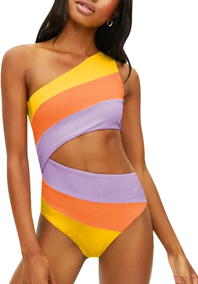 Chang Yun Women's Trendy Cutout 1 Piece Swimsuits Color Block One Shoulder Bathing Suit Monokini | Amazon (US)