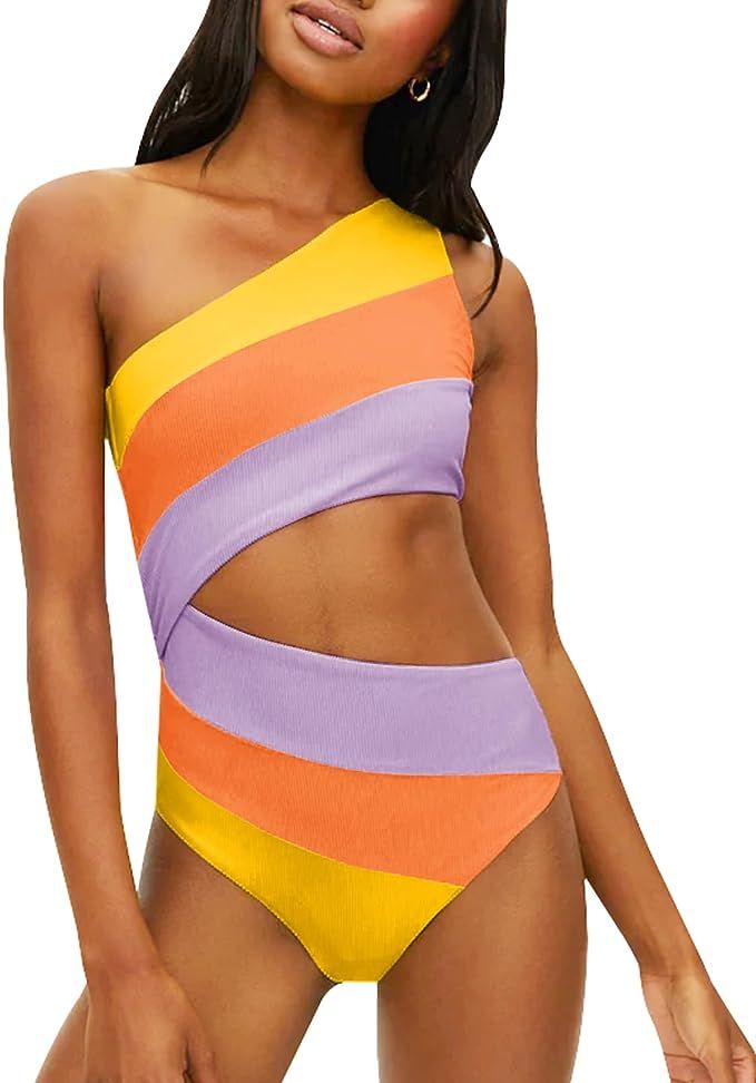 Chang Yun Women's Trendy Cutout 1 Piece Swimsuits Color Block One Shoulder Bathing Suit Monokini | Amazon (US)