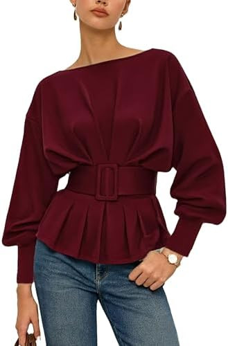 Women's Cropped Pleated Tops Long Sleeve Pullover Belted Elegant Peplum Sweatshirts | Amazon (US)