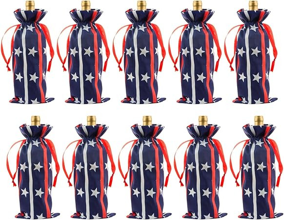 10PCS 4th of July Wine Gift Bags with Drawstring Independence Day Burlap Wine Bottle Bag Party Fa... | Amazon (US)