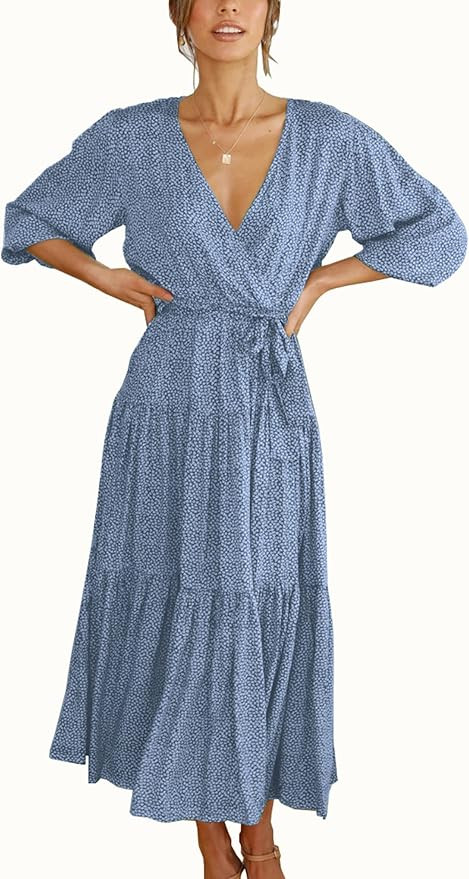 KIRUNDO Women's Summer Bohemian Floral Dress Wrap V Neck Half Sleeves Casual High Waist Pleated F... | Amazon (US)