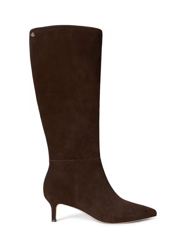 Lauren Ralph Lauren McKay Suede Kitten Heel Knee Boots, Brown | John Lewis (UK)