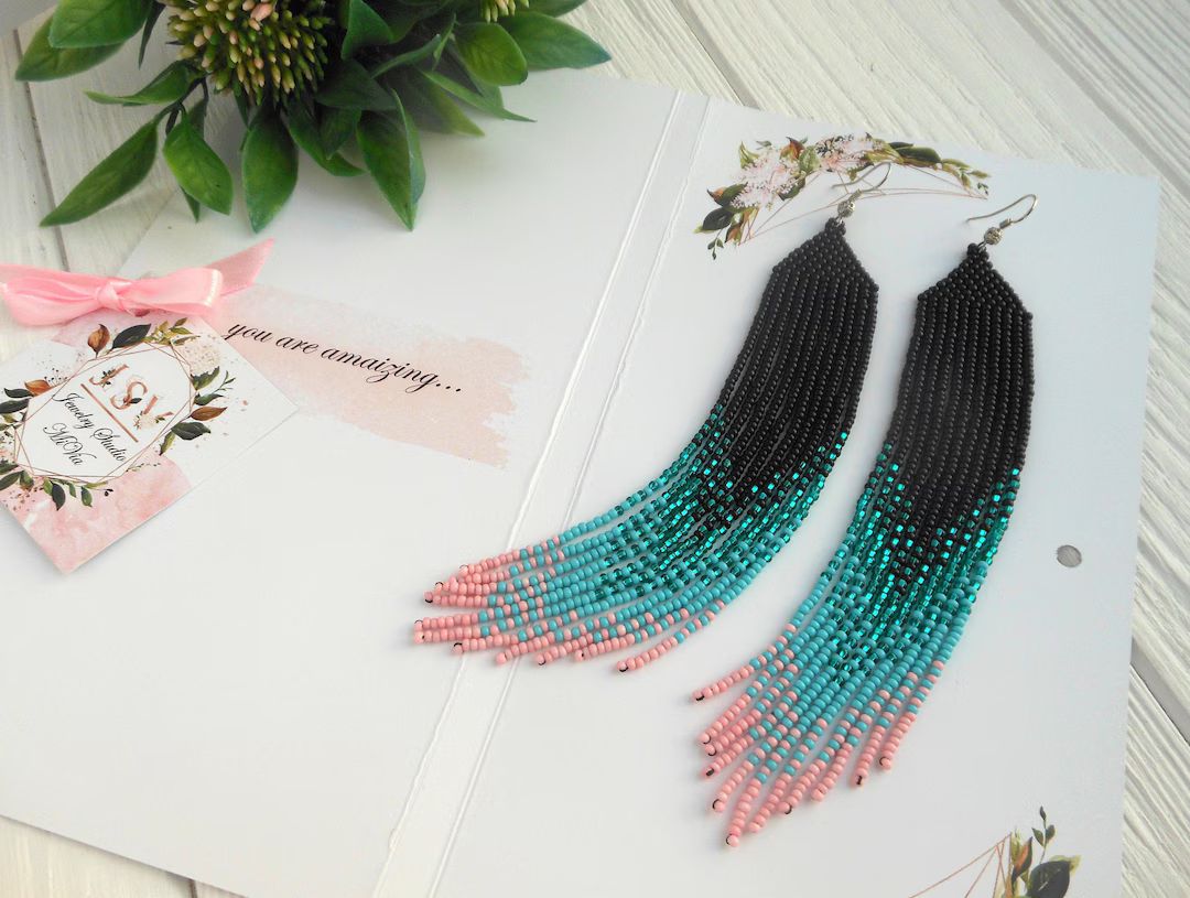 Turquoise Pink Long Bead Earring Seed Bead Earring Handmade Native Ombre Earrings Beaded Earring ... | Etsy (US)