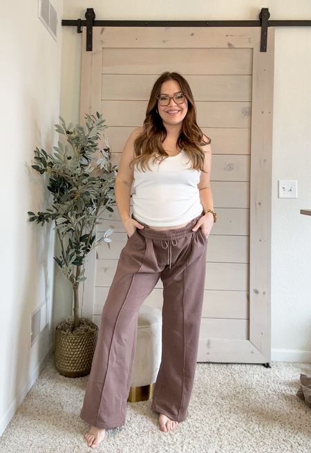 Abercrombie wide leg sweatpants (XL) sized up one / sized up to XL in tank (for bump but I’d suggest true size for both) 

#LTKSpringSale #LTKstyletip #LTKfindsunder50