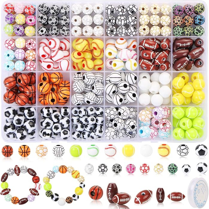 EVERMARKET 400 Pcs Sports Ball Beads for Jewelry Making, Acrylic Sports Beads Bulk, Baseball Bask... | Amazon (US)