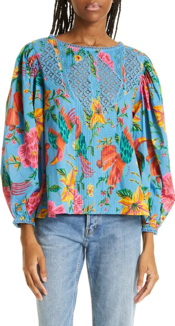 Toucans Lace Inset Balloon Sleeve Cotton Blouse | Nordstrom