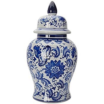 Oriental Furniture 18" Floral Blue & White Porcelain Temple Jar | Amazon (US)