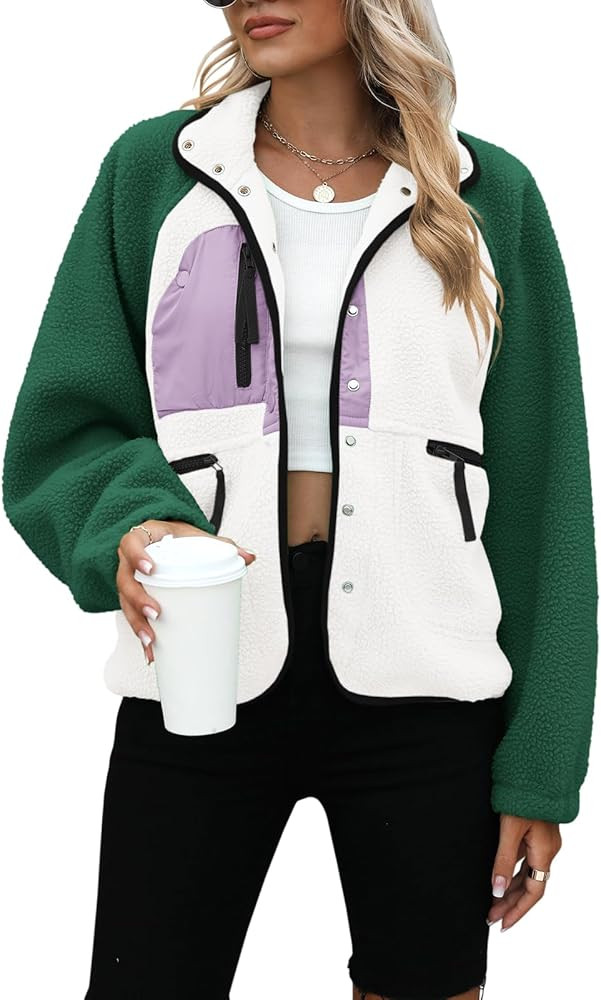 Yanekop Womens Fleece Jacket Fuzzy Long Sleeve Short Winter Coats Button Down Sherpa Jacket Outer... | Amazon (US)