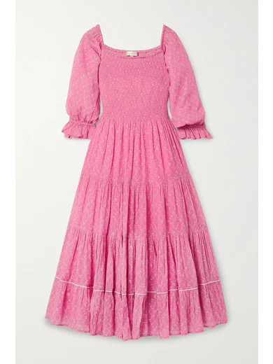 LoveShackFancy - Rigby Shirred Floral-print Cotton-gauze Midi Dress - Bright pink | NET-A-PORTER (US)