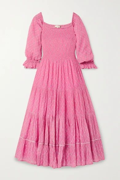 LoveShackFancy - Rigby Shirred Floral-print Cotton-gauze Midi Dress - Bright pink | NET-A-PORTER (US)