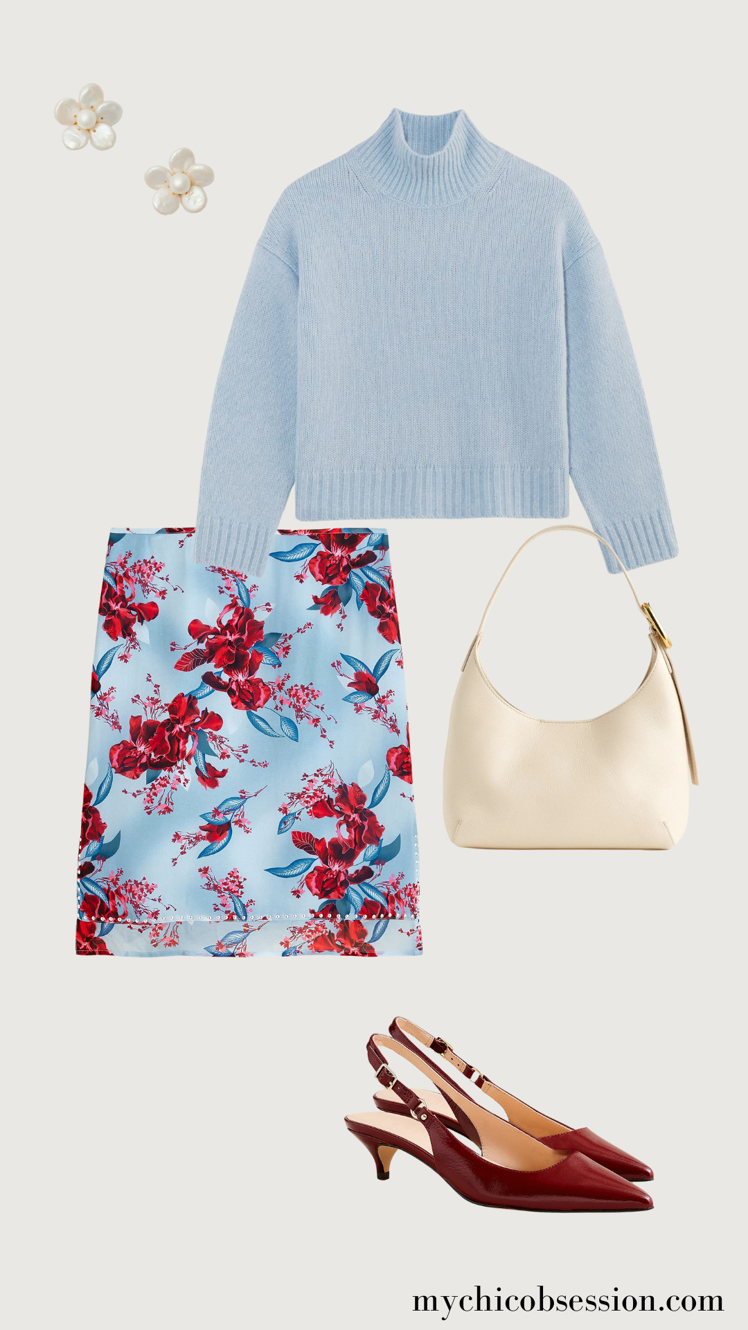 A colorful floral patterned skirt is a perfect piece to pair with a cozy turtleneck when you want a transitional look that still gives off those spring vibes.

Add in bright, festive accessories that will complement the florals of your skirt. A pair of pearl flower earrings and an ivory shoulder bag do the trick. For the final touch, give a final nod to winter’s trending color palette with a pair of burgundy slingback heels. 

 #LTKSeasonal #LTKStyleTip #LTKItBag