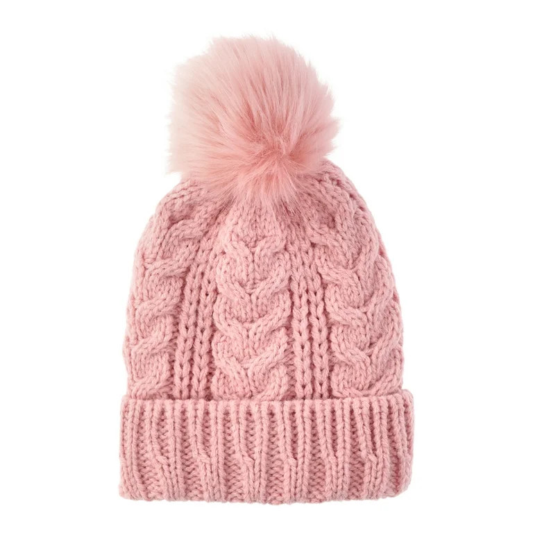 Time and Tru Women's Pom Cable Knit Winter Beanie, Dusty Rose | Walmart (US)
