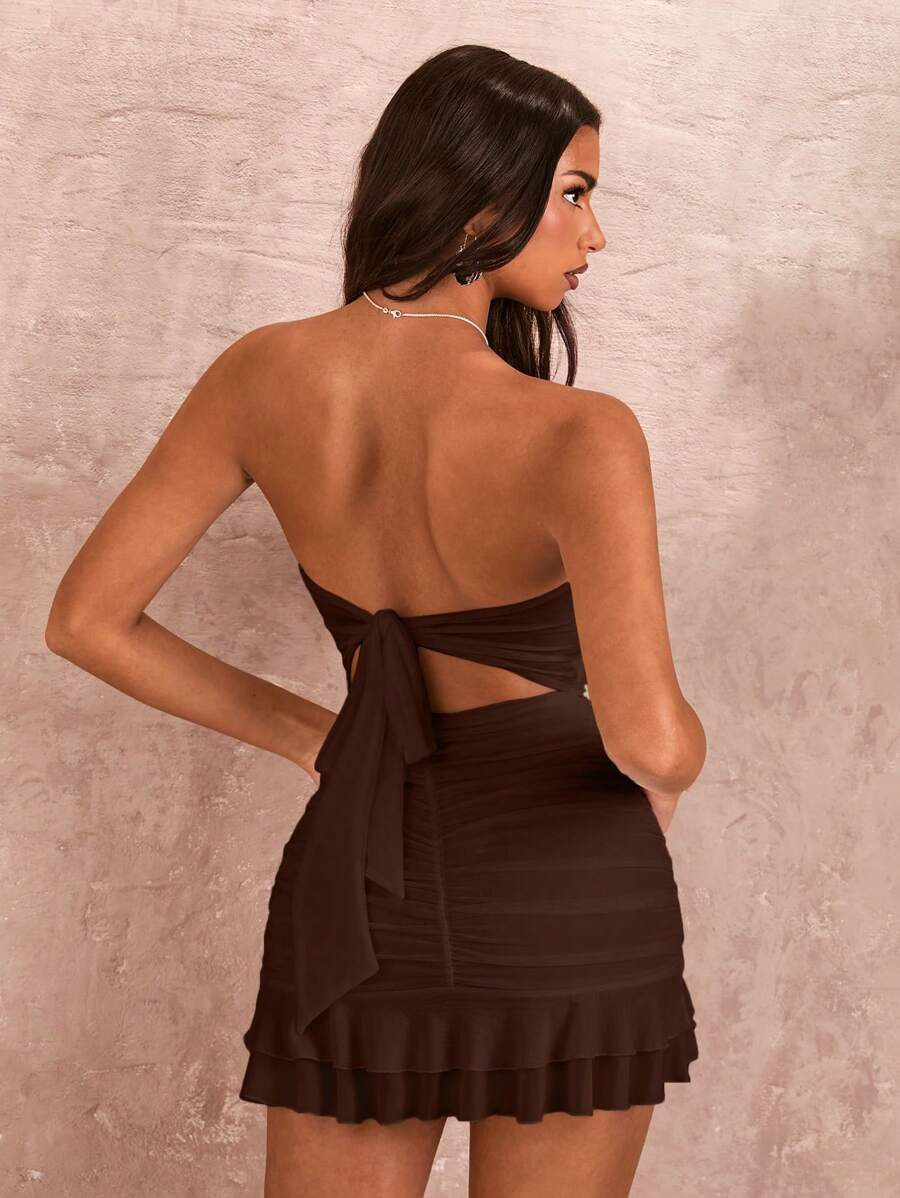 SHEIN BAE Women's Sweet Ruched Flounce Hem Wrap Chest Backless Bow Tie Decor Bodycon Dress, Summe... | SHEIN