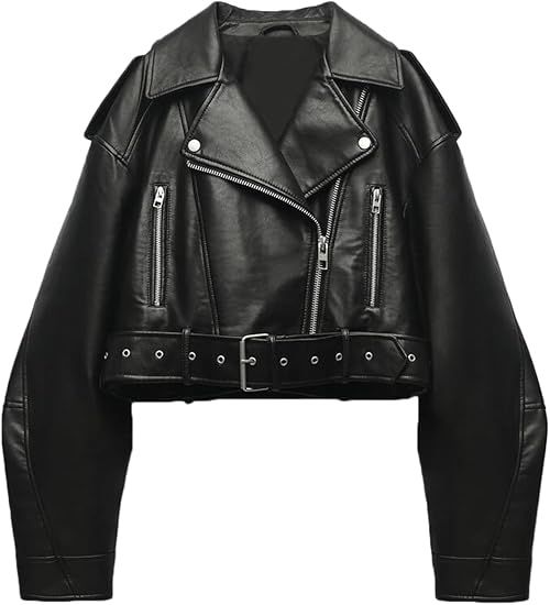 LY VAREY LIN Women Faux Leather Cropped Jacket Lapel Zipper Biker Short Coat with Belt | Amazon (US)
