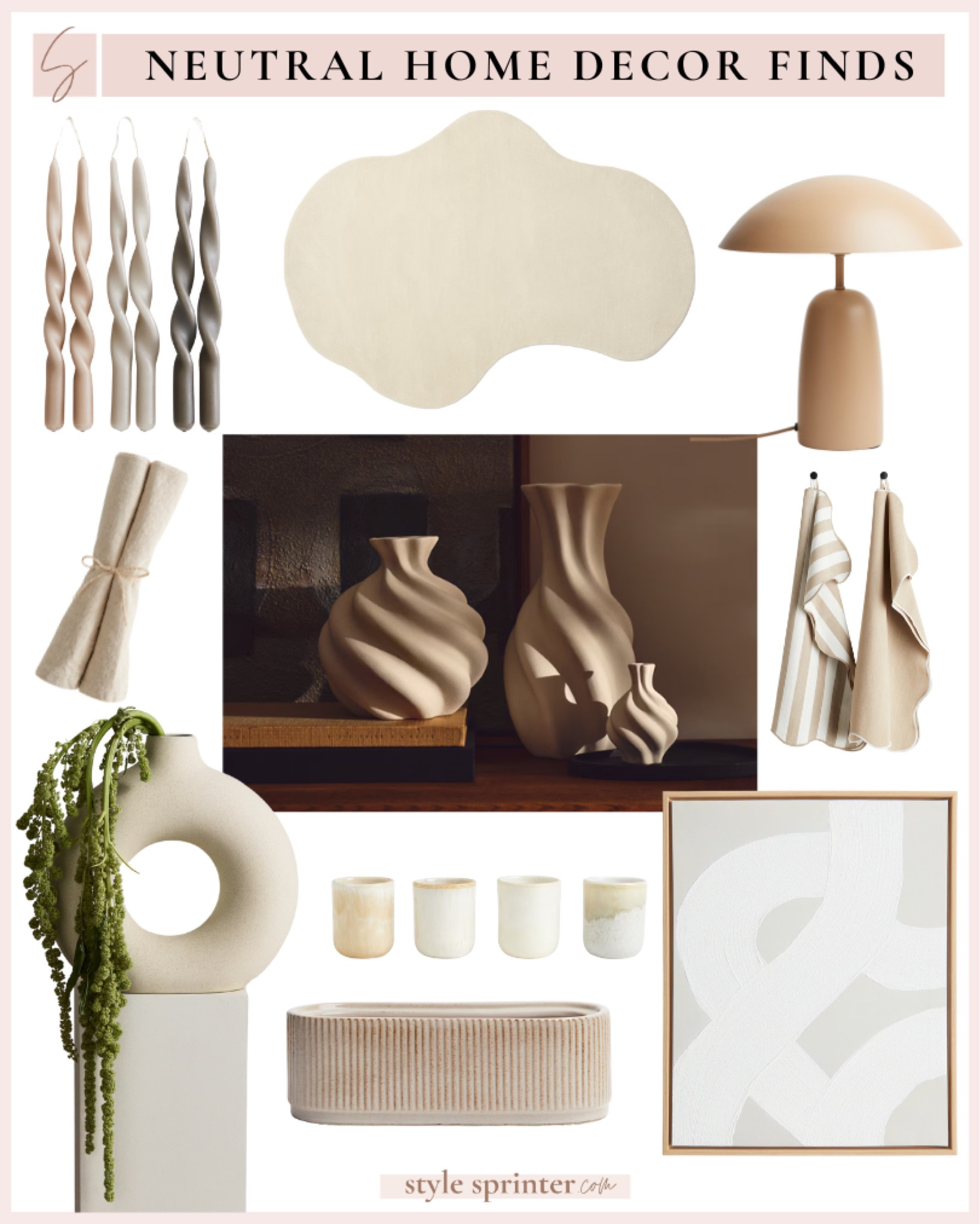 Neutral home decor finds from HM. Beige vase, neutral artwork, asymmetric rug, beige candles and neutral kitchen towels. 

#LTKHome #LTKFindsUnder100