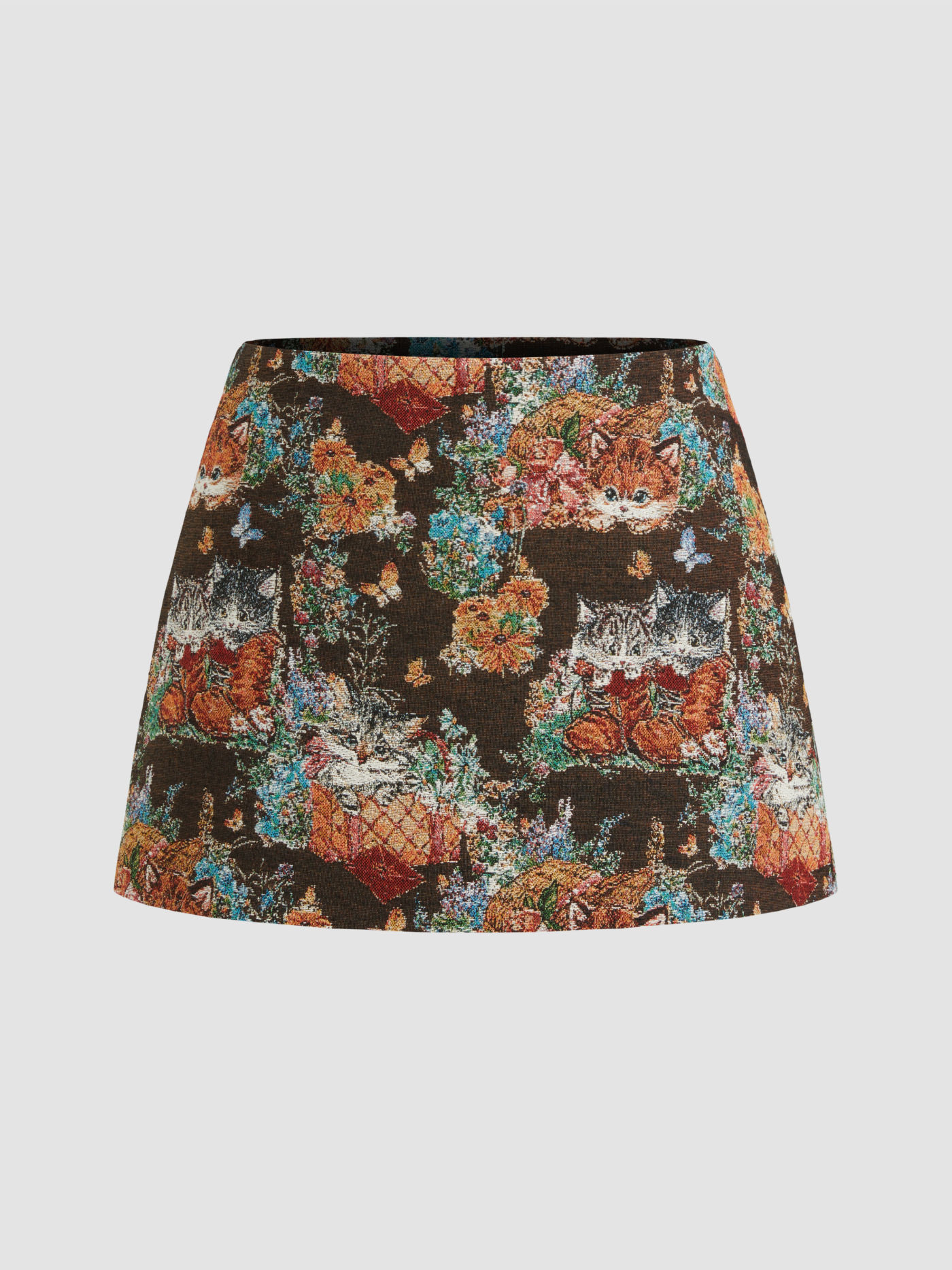 Countryside Core Jacquard Jacquard Low Rise Floral Cat Graphic Mini Skirt For Vacation Music Fest... | Cider