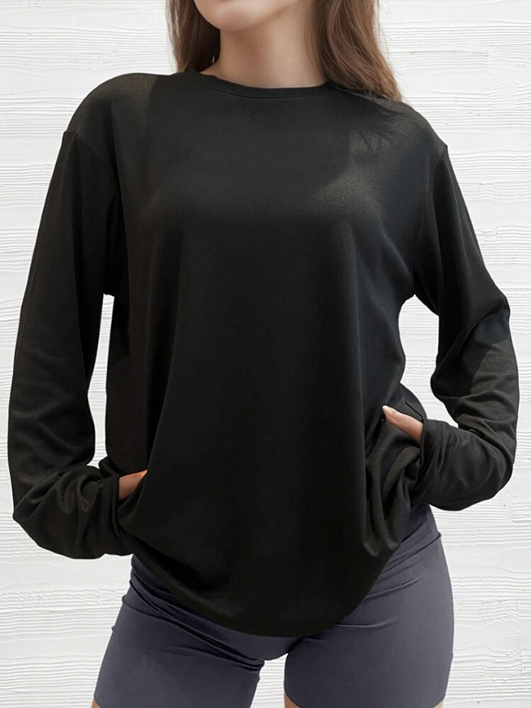 Camiseta De Manga Larga De Unicolor Negro, Holgada Y Casual, Con Caída De Hombro Pequeña | SHEIN