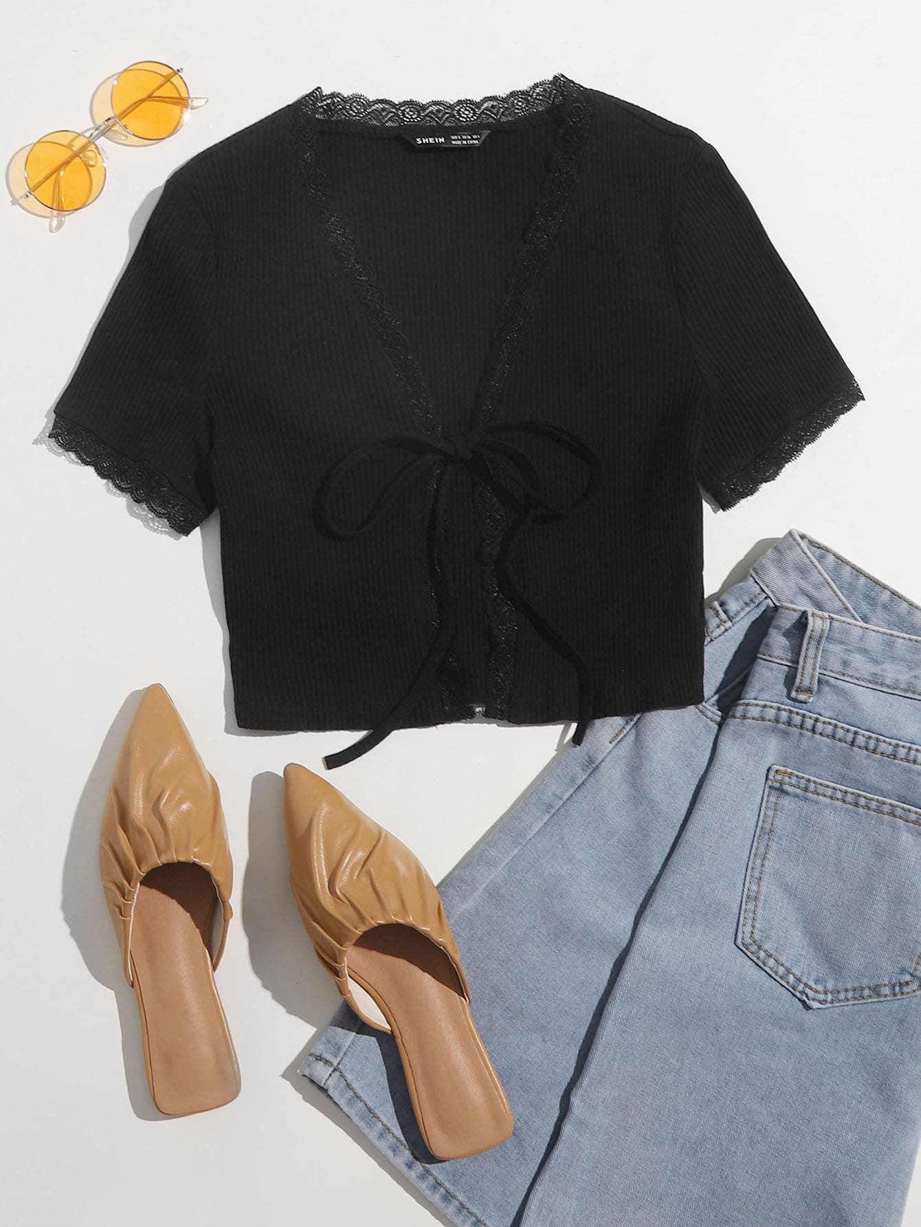 SHEIN Knot Front Lace Trim Rib-knit Top | SHEIN