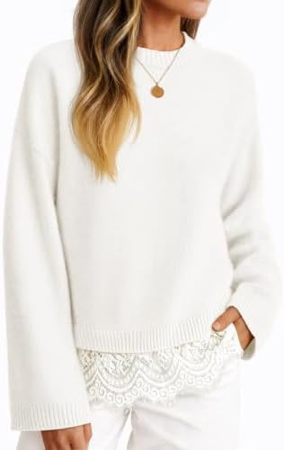 ZESICA Women's Fall Winter Sweaters Long Sleeve Lace Trim Pullover Tops | 2026 Casual Crew Neck S... | Amazon (US)