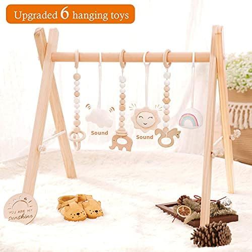 Wooden Baby Gym with 6 Wooden Baby Toys Foldable Baby Play Gym Frame Activity Gym Hanging Bar Newbor | Amazon (US)
