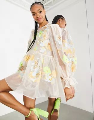 ASOS EDITION mini smock dress in organza with embroidered neon floral in blush | ASOS (Global)