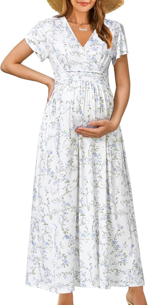 OUGES Maternity Maxi Dress Wrap V Neck Baby Shower Pregnancy Dresses for Photoshoot | Amazon (US)