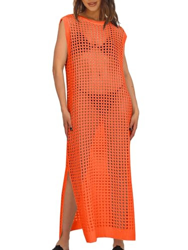 Saodimallsu Womens Crochet Swimsuit Coverup Summer Sleeveless Hollow Out Knit Crewneck Side Split... | Amazon (US)