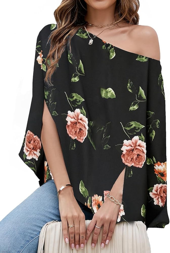VIMPUNEC Womens Off The Shoulder Flowy Tops Casual Batwing Sleeves Blouses Loose Chiffon Shirts | Amazon (US)