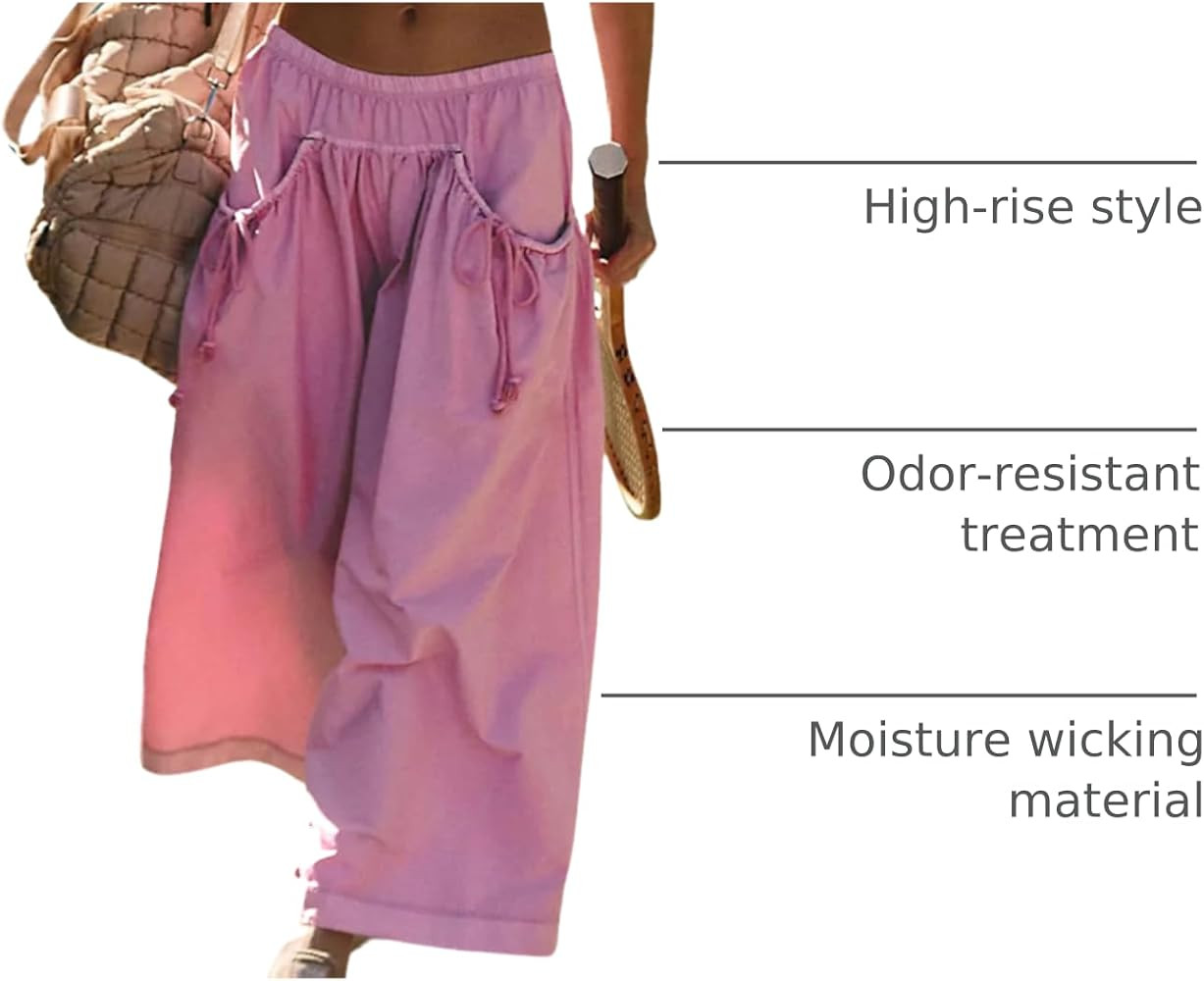 Hooever Women's Loose Wide Leg Track Pants Drawstring Pockets Elastic Waist Capri Hiking Pants | Amazon (US)