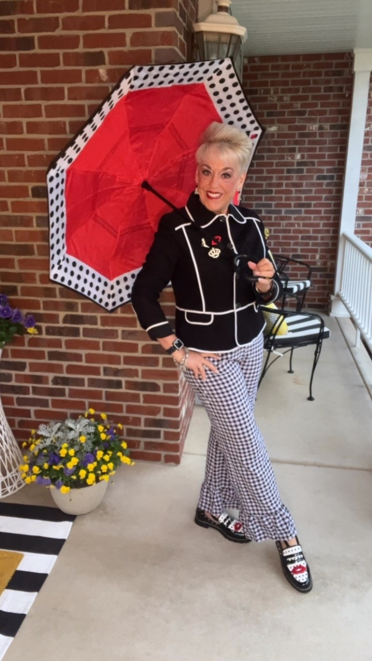 Gingham Ruffled Pants
Polka Dot Loafers
Brooches 
Pins
Polka Dot Sheer Socks
Polka Dot Umbrella 