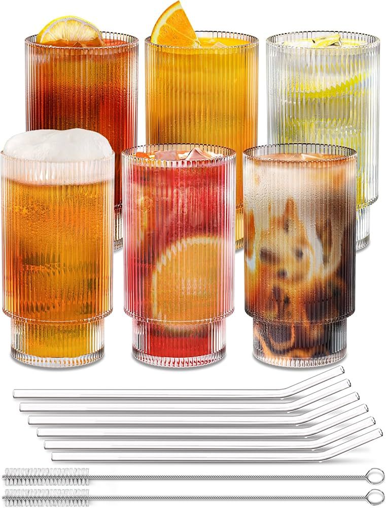 BRIZAR Ribbed Glassware, Glass Cups with Straws Set of 6 - Ribbed Drinking Glasses 12 oz. - Aesth... | Amazon (US)