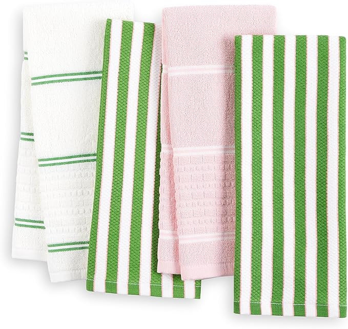 Kate Spade New York Botanical Stripe Kitchen Towels 4-Pack Set, Absorbent 100% Cotton, Green/Pink... | Amazon (US)