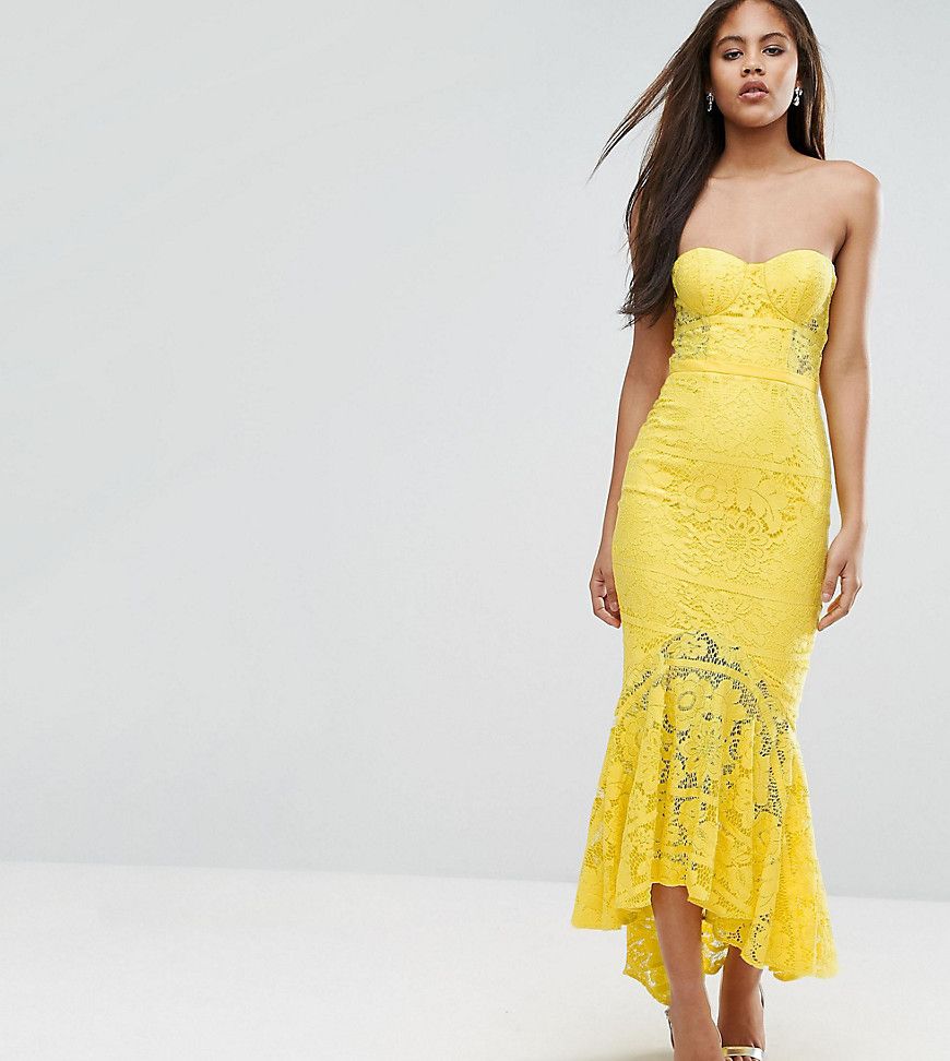 Jarlo Tall Allover Lace Bandeau Midi Dress With Highlow Fishtail - Yellow | ASOS US