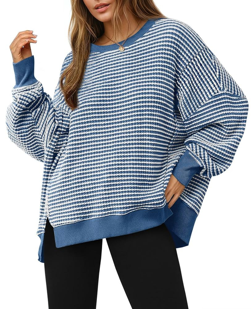 Fisoew Women's Fall Oversized Sweatshirt Casual Waffle Knit Long Sleeve Crewneck Split Pullover T... | Amazon (US)