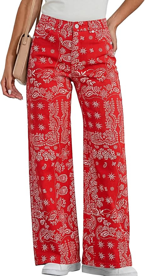 Tankaneo Womens Baggy Wide Leg Jeans Floral Print Boho High Waist Vintage Boyfriend Denim Pants w... | Amazon (US)