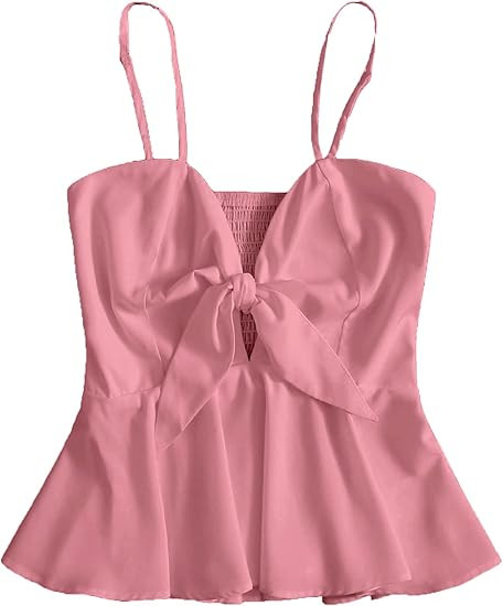 SheIn Women's Cute V Neck Solid Ruffle Hem Peplum Cami Top | Amazon (US)