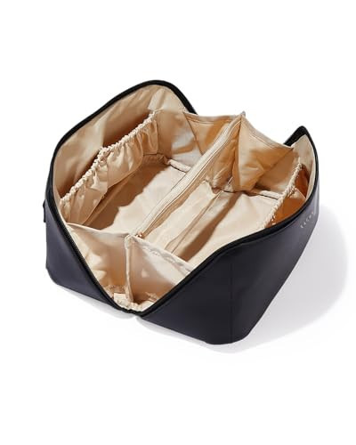 EACHY Travel Makeup Bag,Large Capacity Cosmetic Bags for Women,Waterproof Portable Pouch Open Flat Toiletry Bag Make up Bag with Divider and Handle, Gifts for Women (Black, Medium) | Amazon (US)