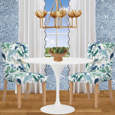 White tulip table, scalloped drapes, floral chandelier, printed dining chairs, green blue dining chairs, pattern play, Grandmillennial, Grandmillennial decor, kitchen nook, breakfast nook


#LTKhome #LTKunder100