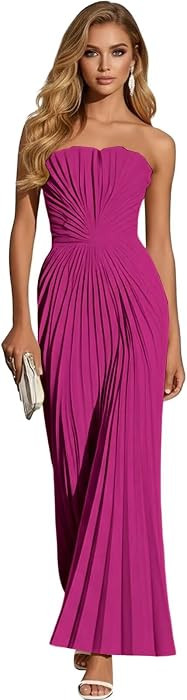 Strapless Bridesmaid Dress Pleated Chiffon Long Formal Prom Dress for Cocktail Party Gowns | Amazon (US)