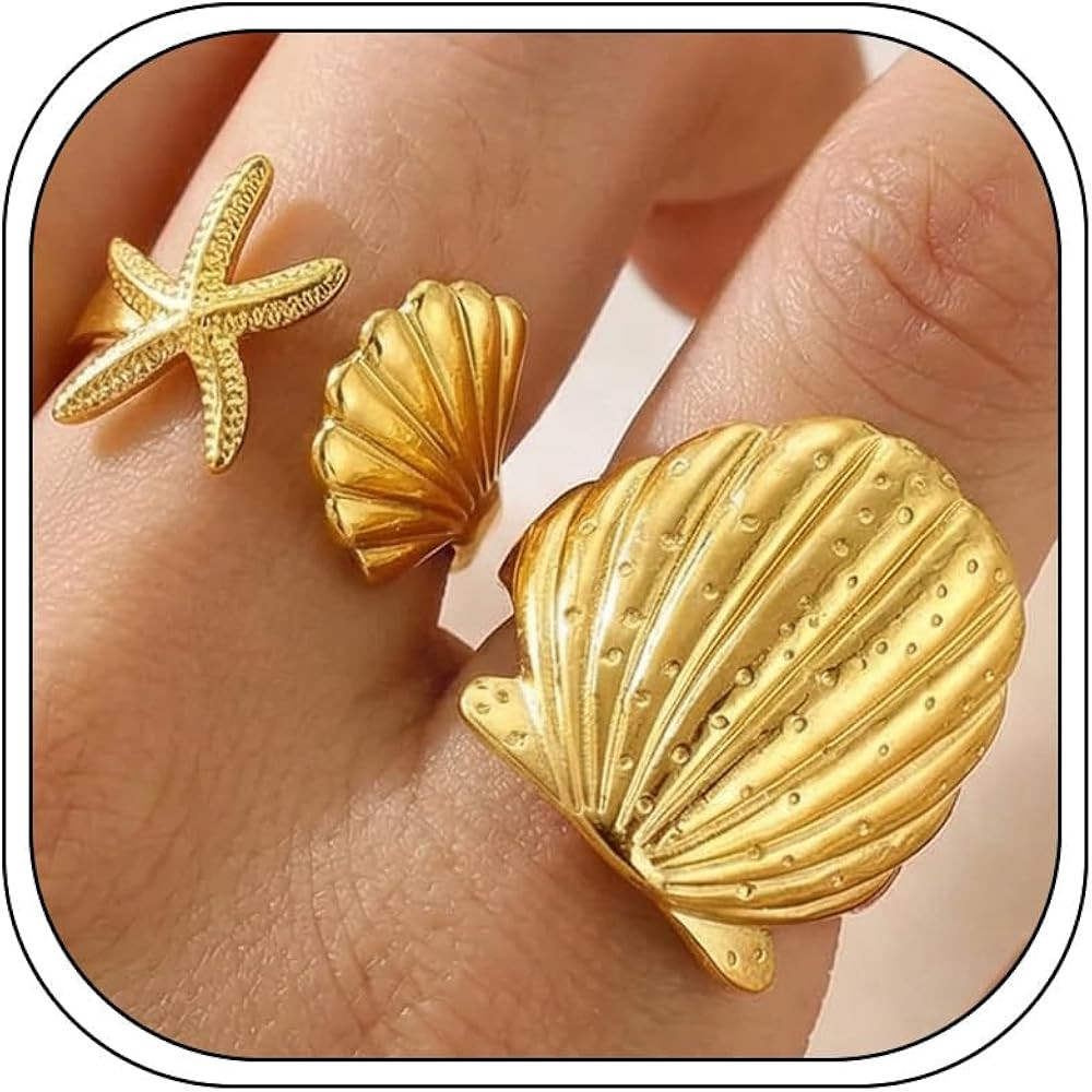 HUASAI Gold Stackable Rings for Women Western Chic Boho Chunky Seashell Flower Knuckle Non Tarnis... | Amazon (US)