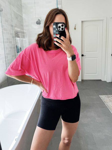 Obsessed with this oversized tee! Wearing a size small and love the cropped (ish) fit and bright color. 

#LTKFindsUnder50 #LTKActive #LTKOver40