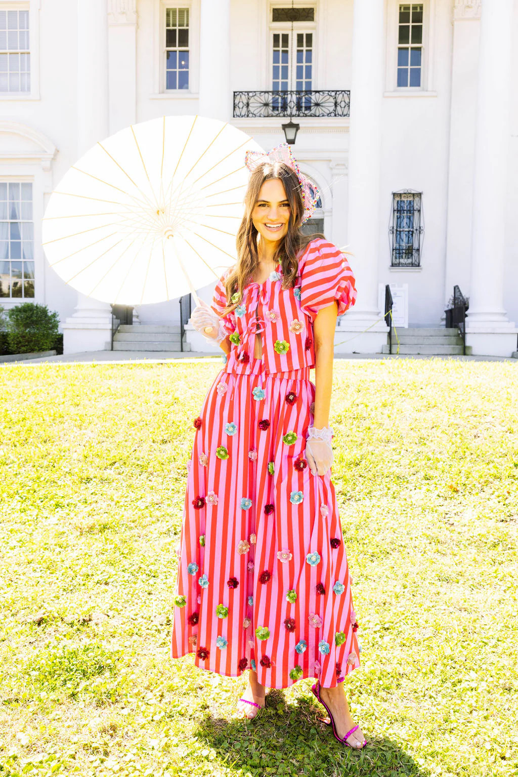 Hot Pink Stripe Sequin Flower Cotton Tie Top | Queen of Sparkles