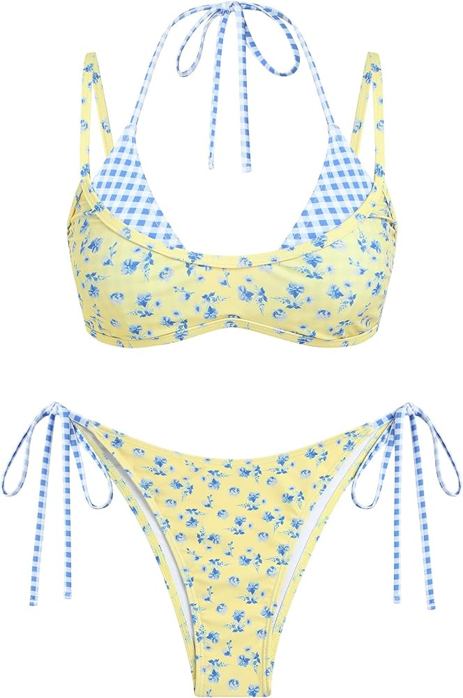 ZAFUL Women's Polka Dot Bikini Set Double Layer Halter Swimsuit Colorblock Side Tie 2 Piece Bathi... | Amazon (US)