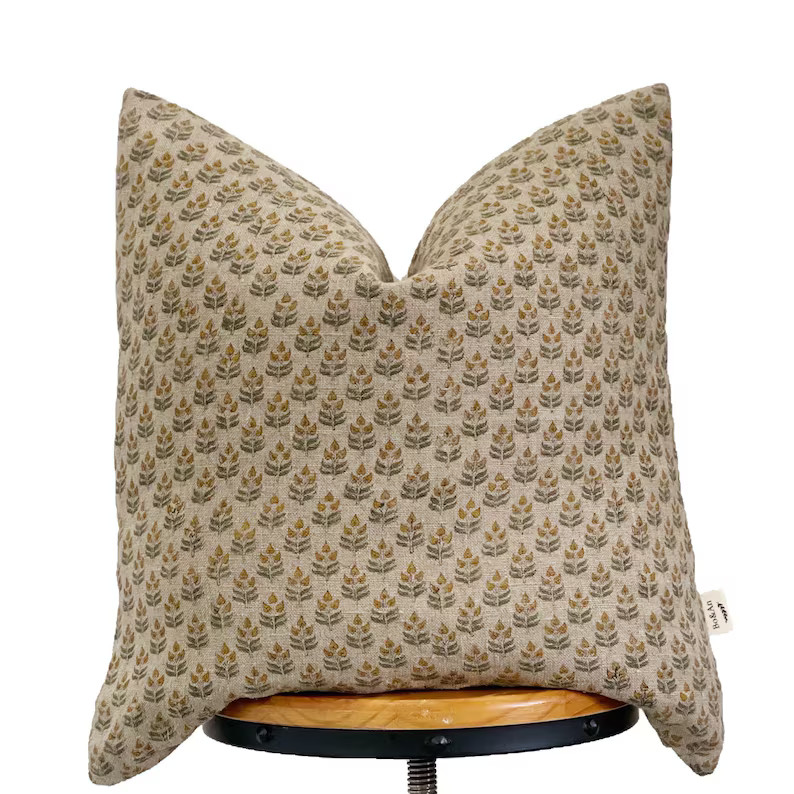 Hand block print pillow cover, green and natural floral pillow cover ,Natural linen floral pillow... | Etsy (US)