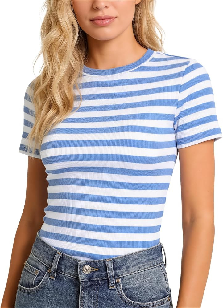 Striped Shirt Women Short Sleeve, Crewneck T-Shirts for Woman Stripes, Fitted Ribbed Tee Stretchy | Amazon (US)
