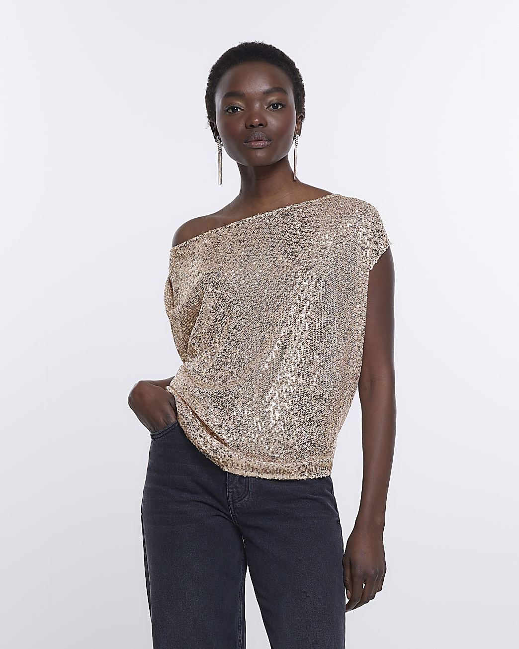 Rose Gold Off Shoulder Sequin Blouse | River Island (UK & IE)