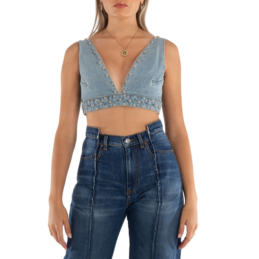 Rabanne Ladies Light Blue Denim Studded Denim Bralette | Jomashop.com & JomaDeals.com