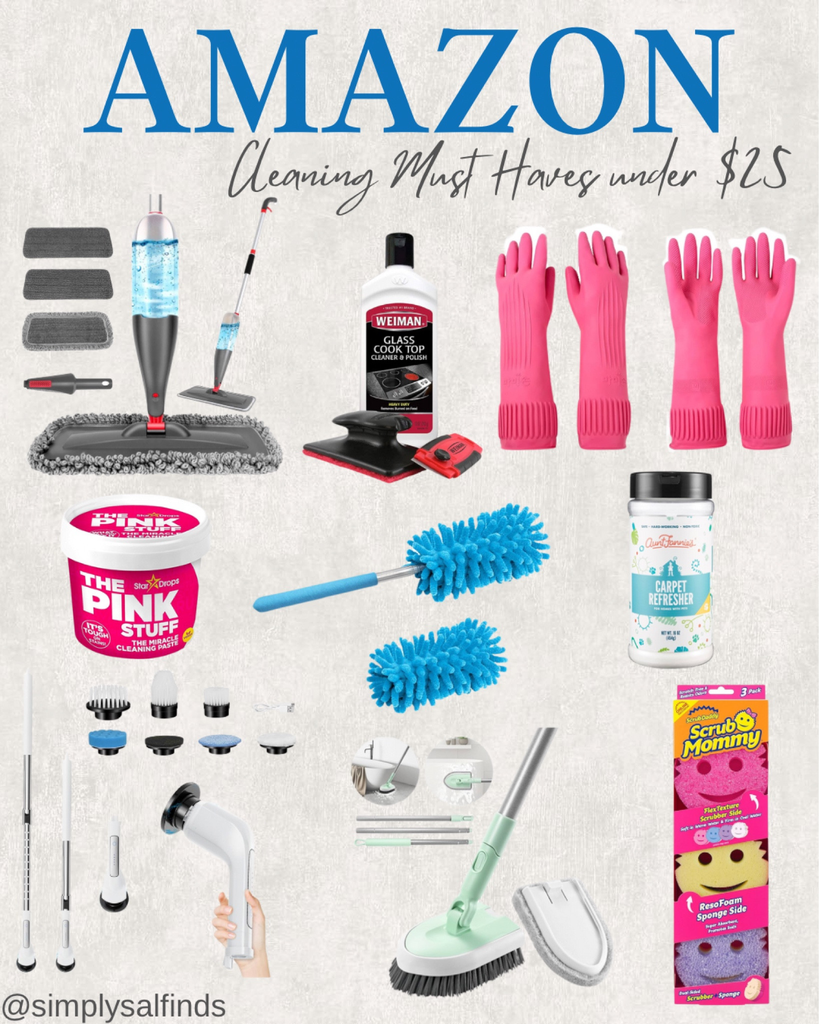 AMAZON- Cleaning must haves under $25

Spray mop floor cleaner, cook top and stove top cleaner kit, 2 pairs reusable waterproof cleaning gloves, aunt Fannie’s carpet refresher, scrub mommy cleaning sponge, electric sponge scrubber for cleaning, microfiber duster, the pink stuff



#LTKFindsUnder50 #LTKFindsUnder100 #LTKHome